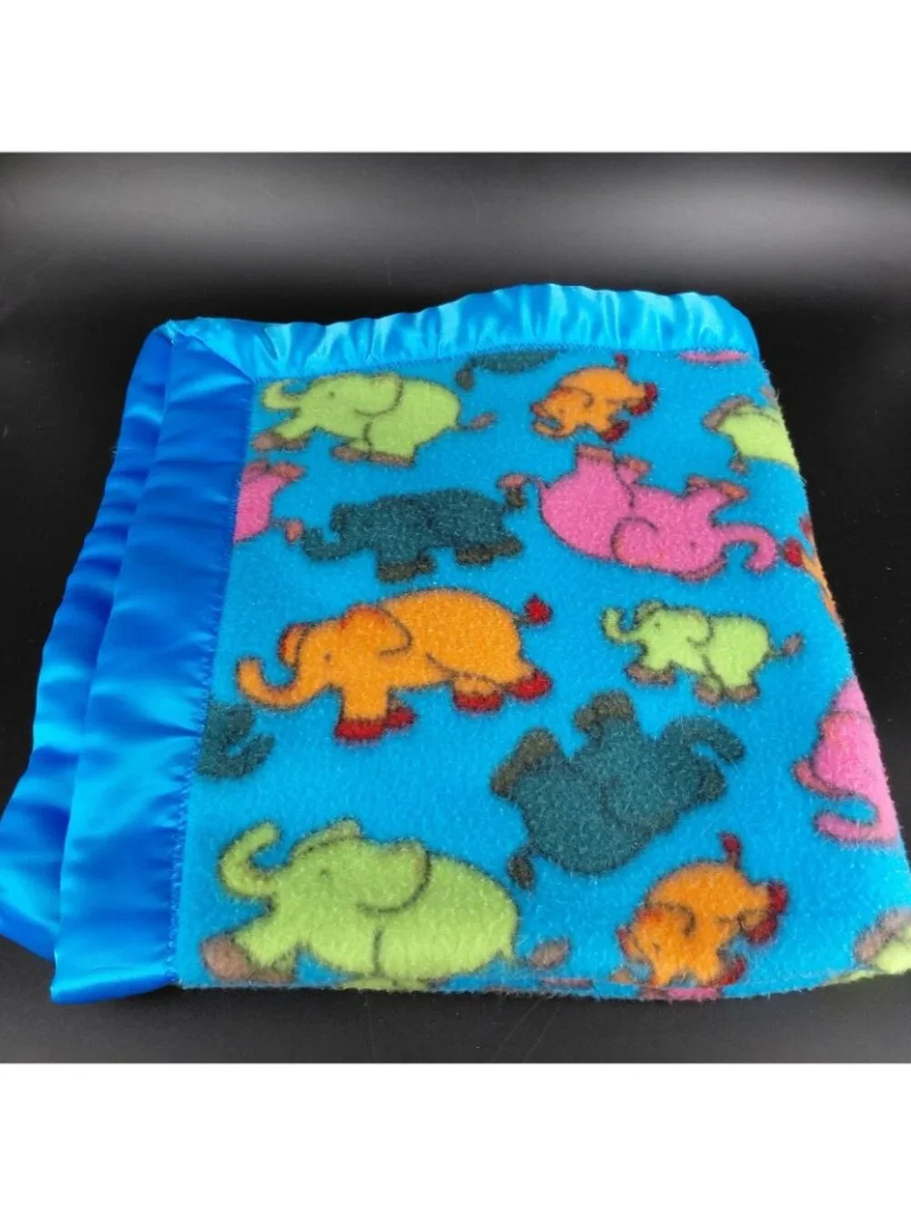 Handmade Baby Crib Blanket Multicolor Elephants Fleece Satin Trim 28x30 Boys